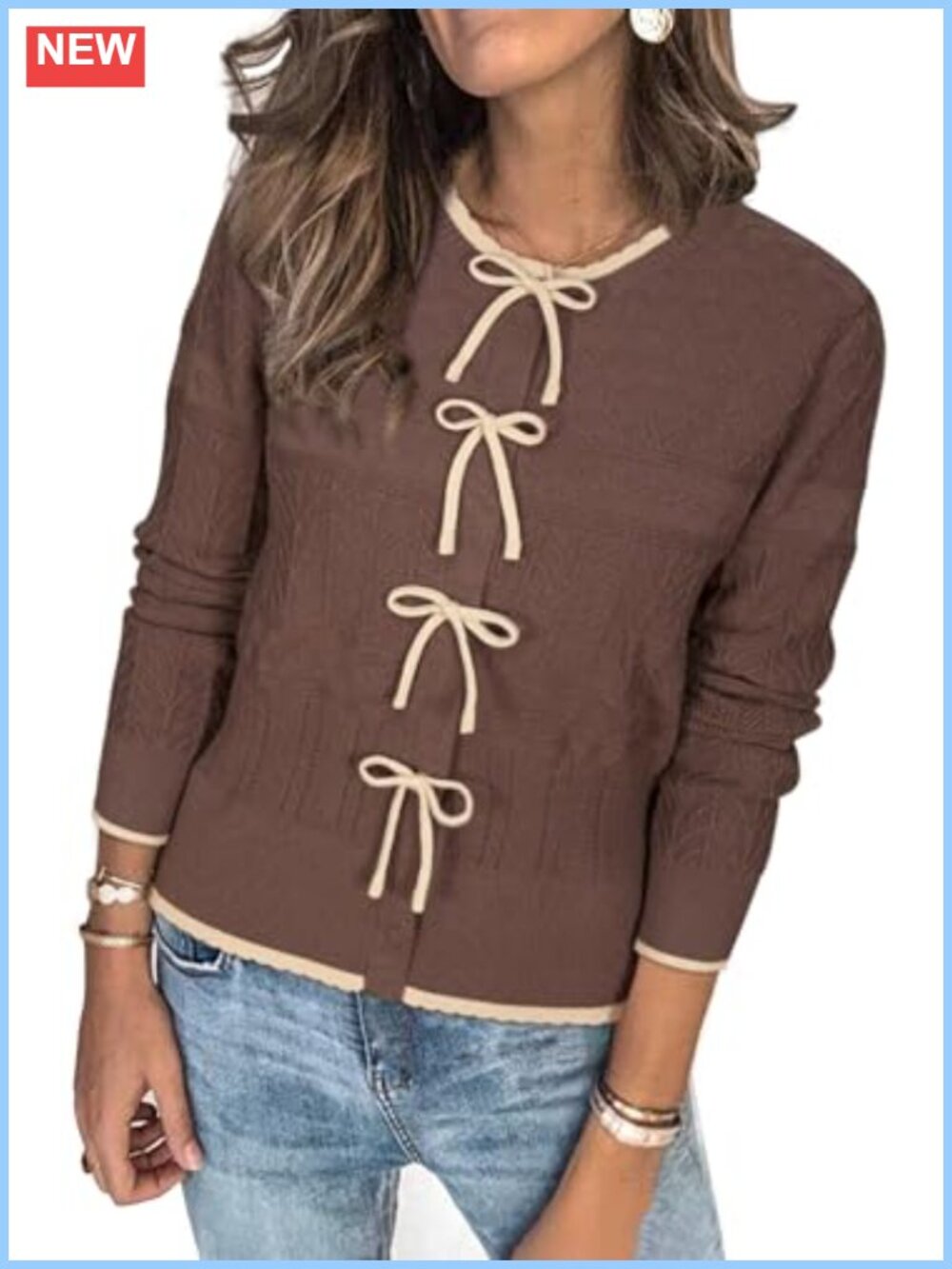 Arach&Cloz Women's Bow Sweater Color Block Cardigan Lace Crew Neck
